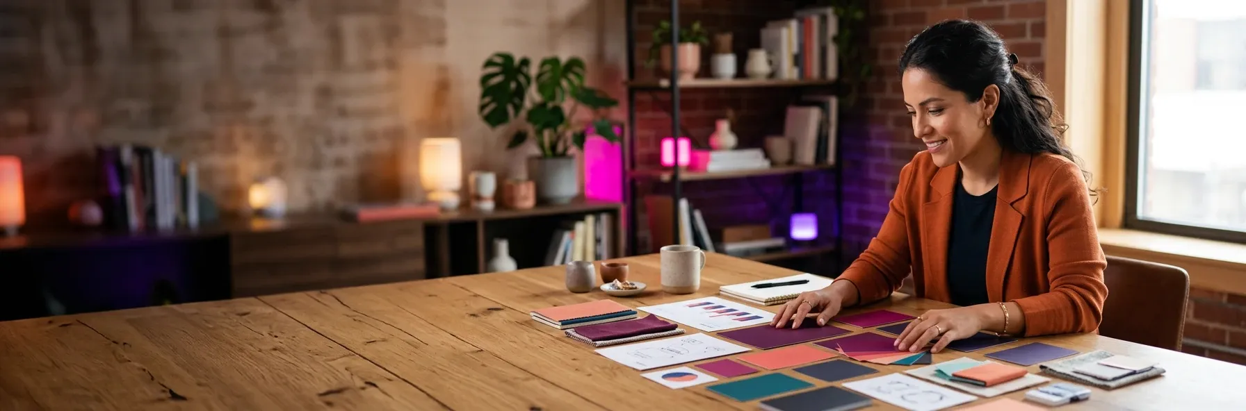 Emprendedora revisando un mapa visual de las áreas de su negocio