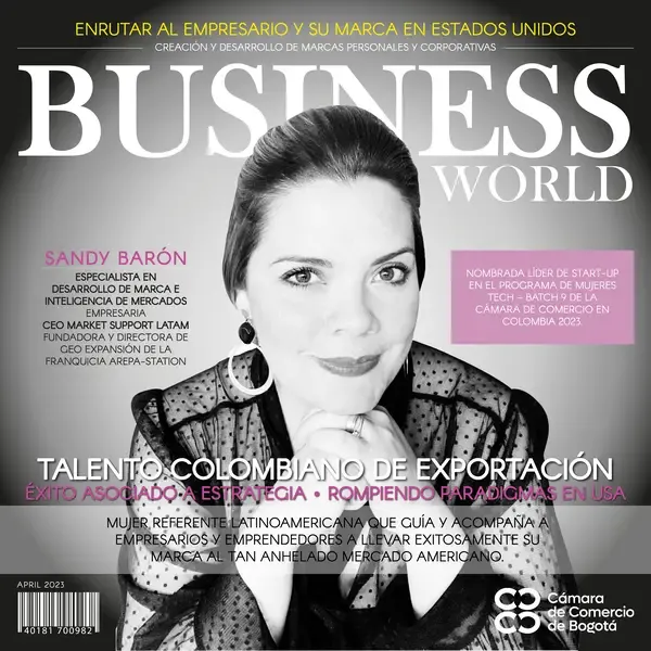 Portada de revista camara y comercio Colombia con Sandy como actriz principal y un letrero business detrás