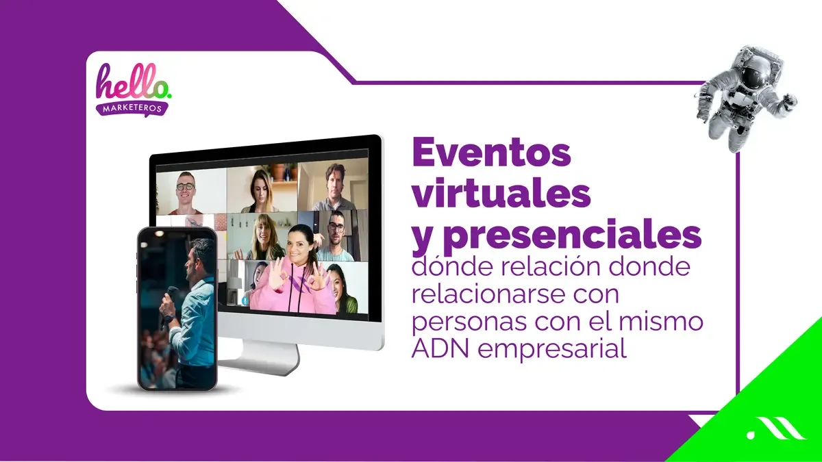 Mockup de eventos virtuales y presenciales que ofrece hello marketeros