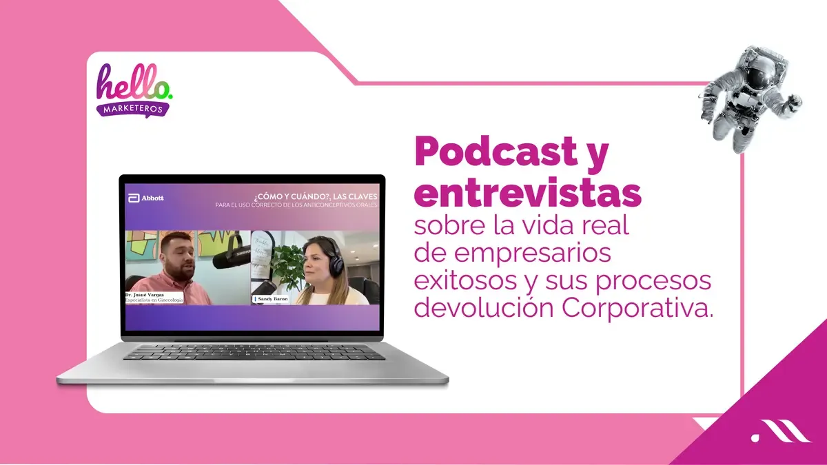 Mockup de podcast y entrevistas que ofrece hello marketeros